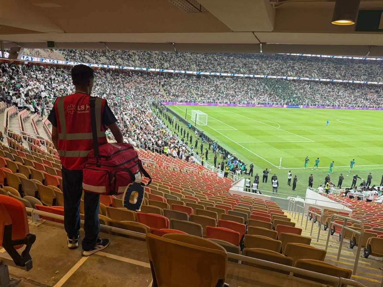 An LSM paramedic watching over the stands during the match